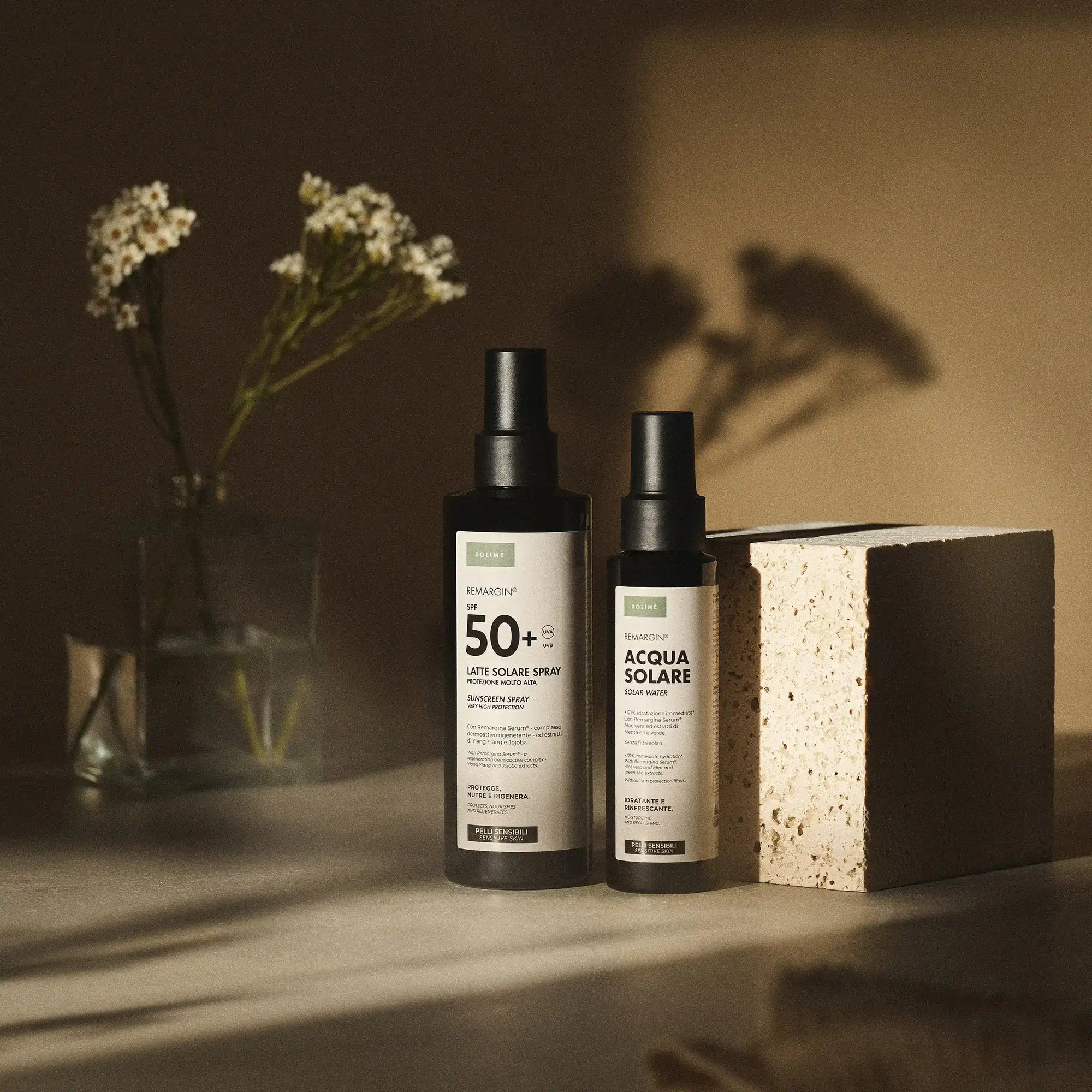 Remargin solari - latte solare spray SPF 50+ e acqua solare a base di Colostro italiano