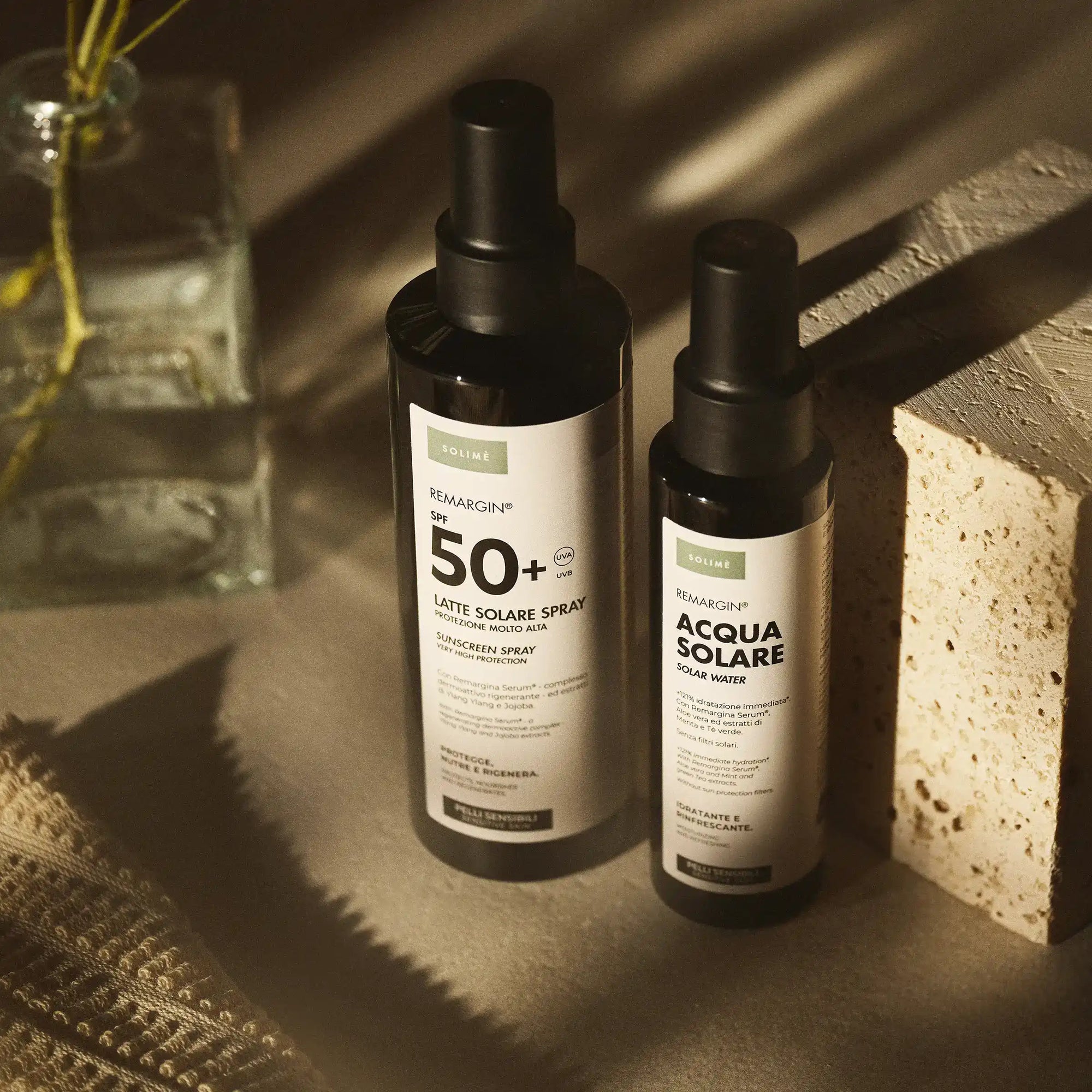 Remargin solari - latte solare spray SPF 50+ e acqua solare a base di Colostro italiano