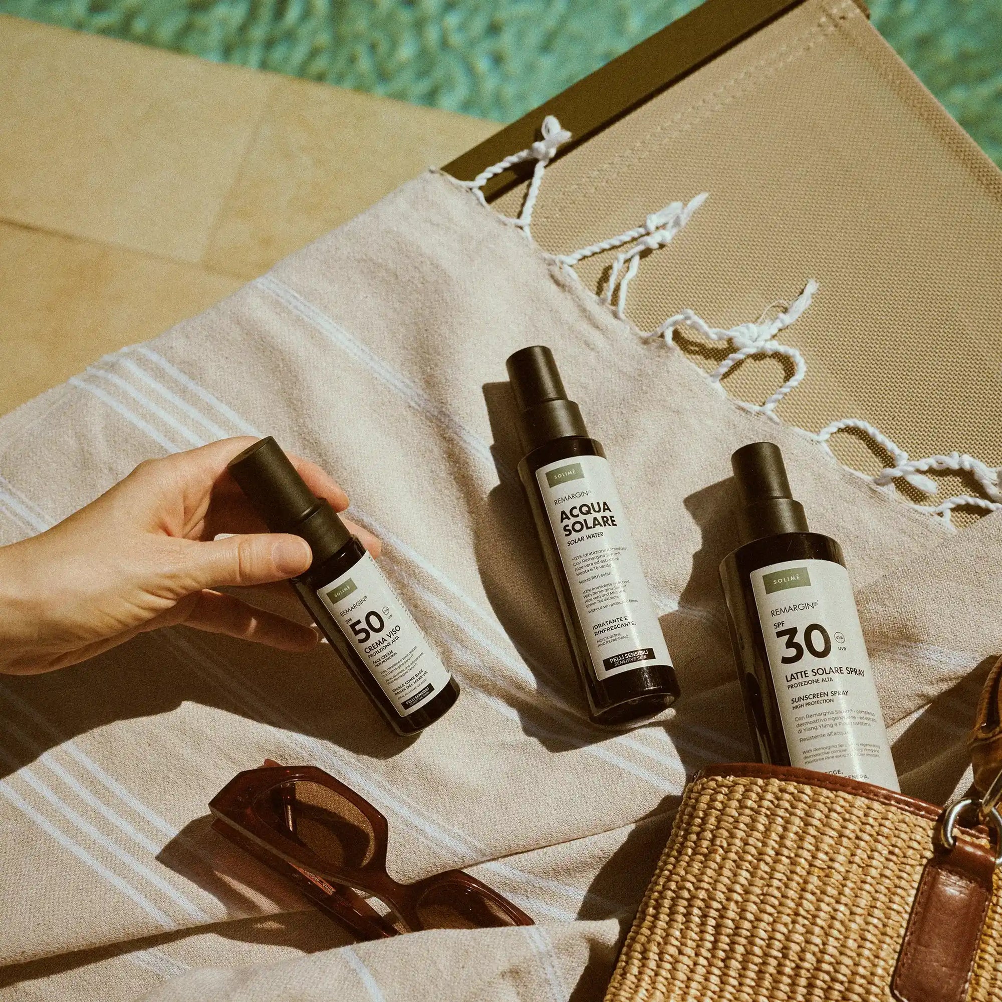 Remargin solari - latte solare spray SPF 30, acqua solare idratante e rinfrescante e crema viso SPF 50 piscina